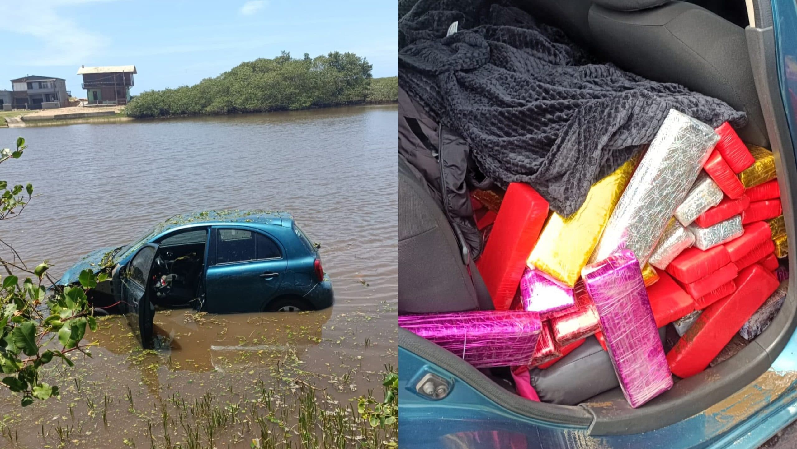 Carro lotado de maconha boia em lagoa após fuga na BR-101, em Barra Velha