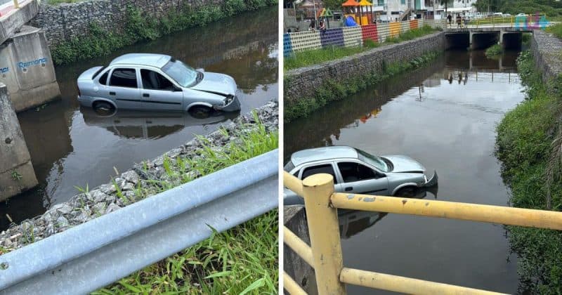  Carro despenca no rio Camboriú e motorista foge antes da chegada da polícia