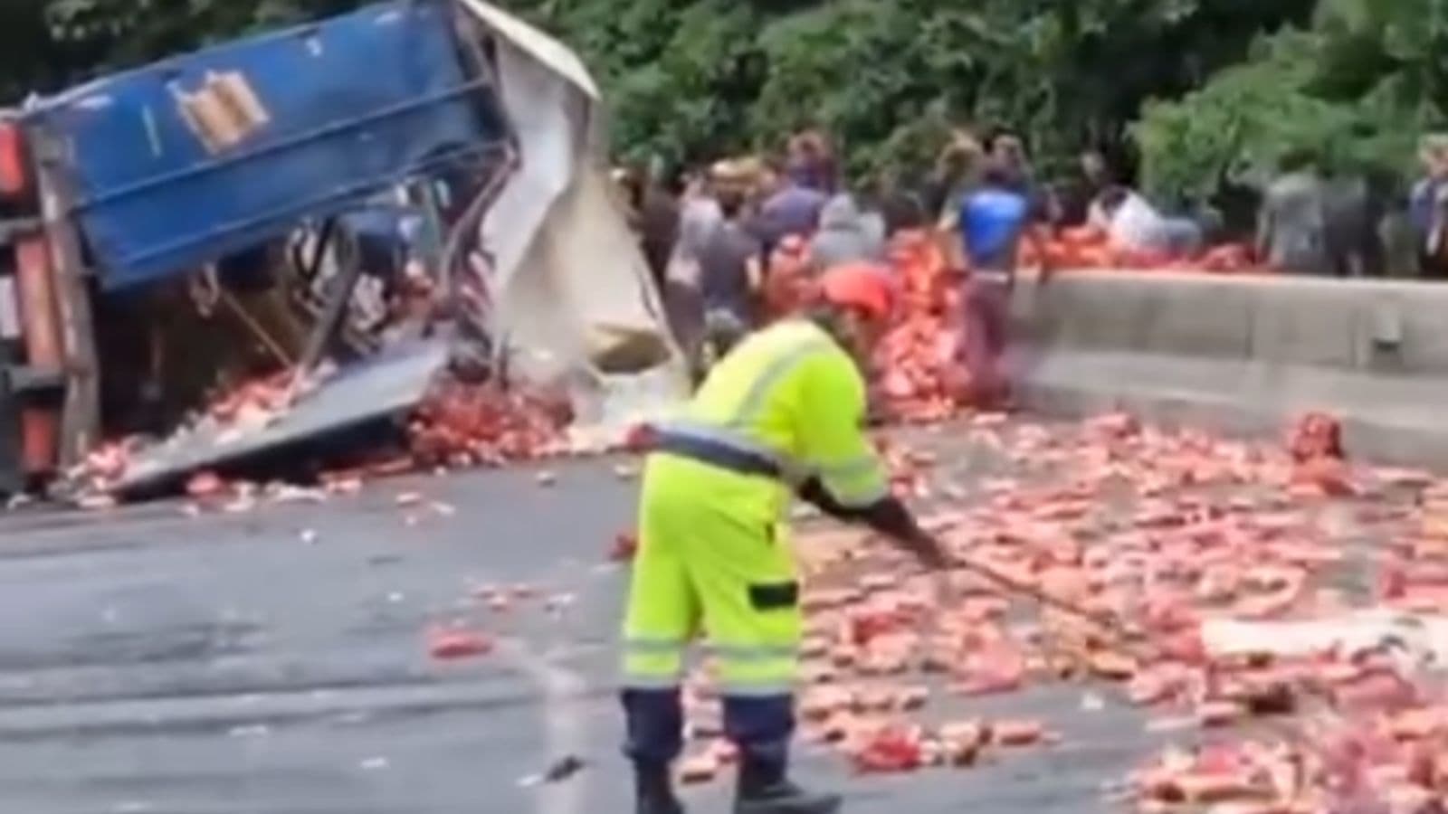 Caminhão carregado de cerveja tomba na BR-376 entre PR e SC