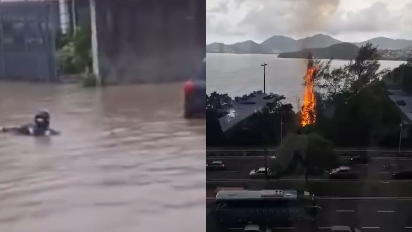 Chuva castiga cidades do Litoral catarinense com alagamentos e raio faz árvore pegar fogo
