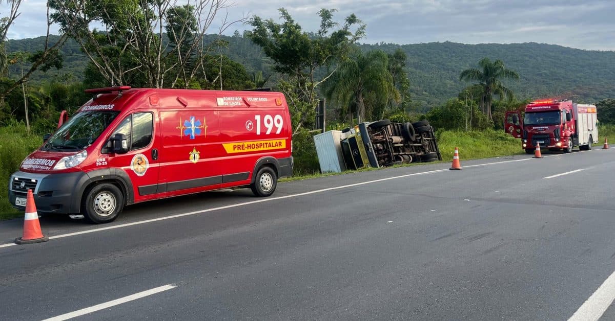 Caminhão desaba na BR-470 e motorista sobrevive sem um arranhão