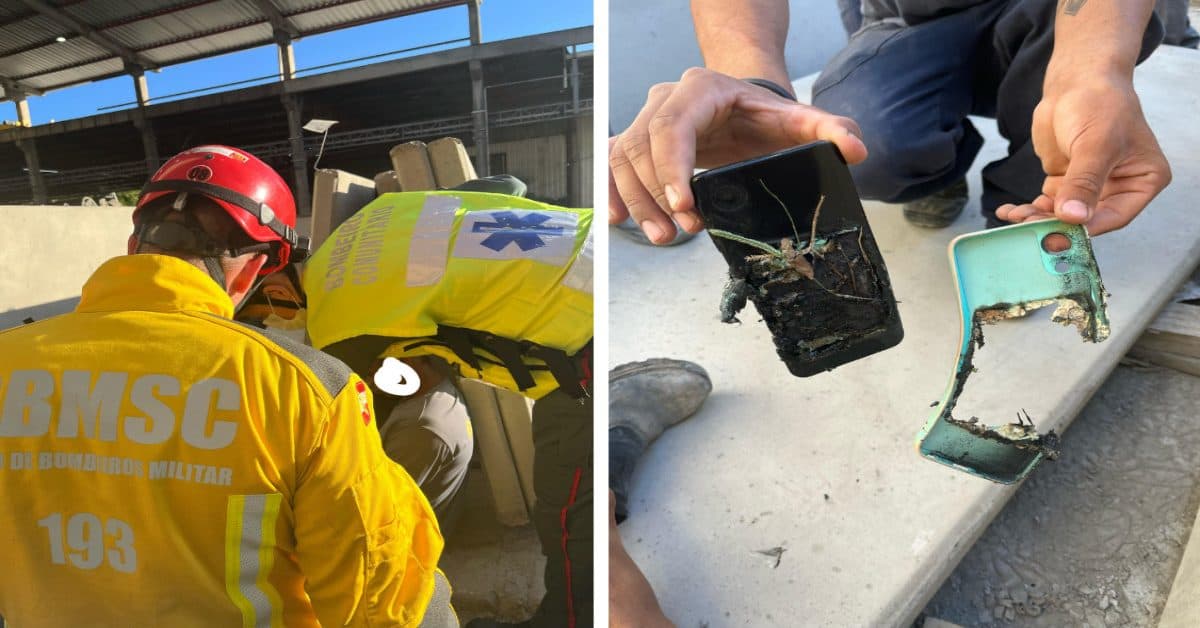 Bloco de concreto cai sobre trabalhador e celular explode com impacto