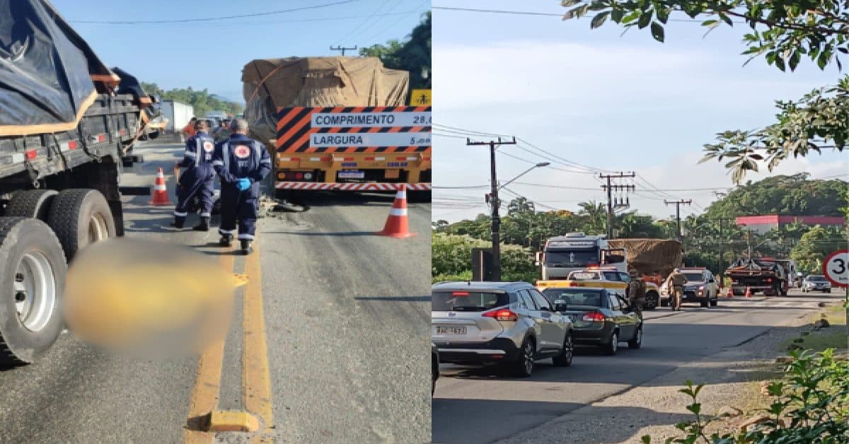 Mulher morre após ter cabeça esmagada por caminhão em rodovia de Joinville