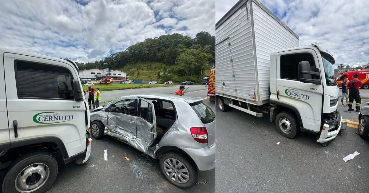 Colisão violenta entre carro e caminhão deixa motorista gravemente ferido em Blumenau