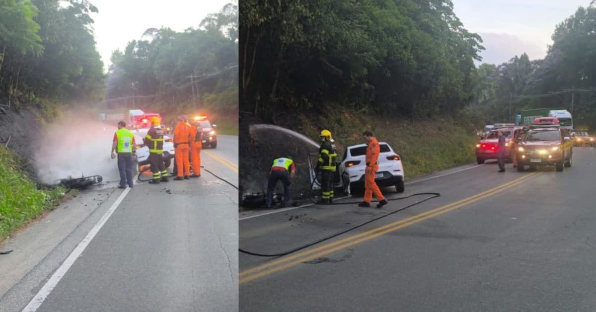Moto pega fogo após acidente e condutor morre carbonizado na SC-108, em Blumenau