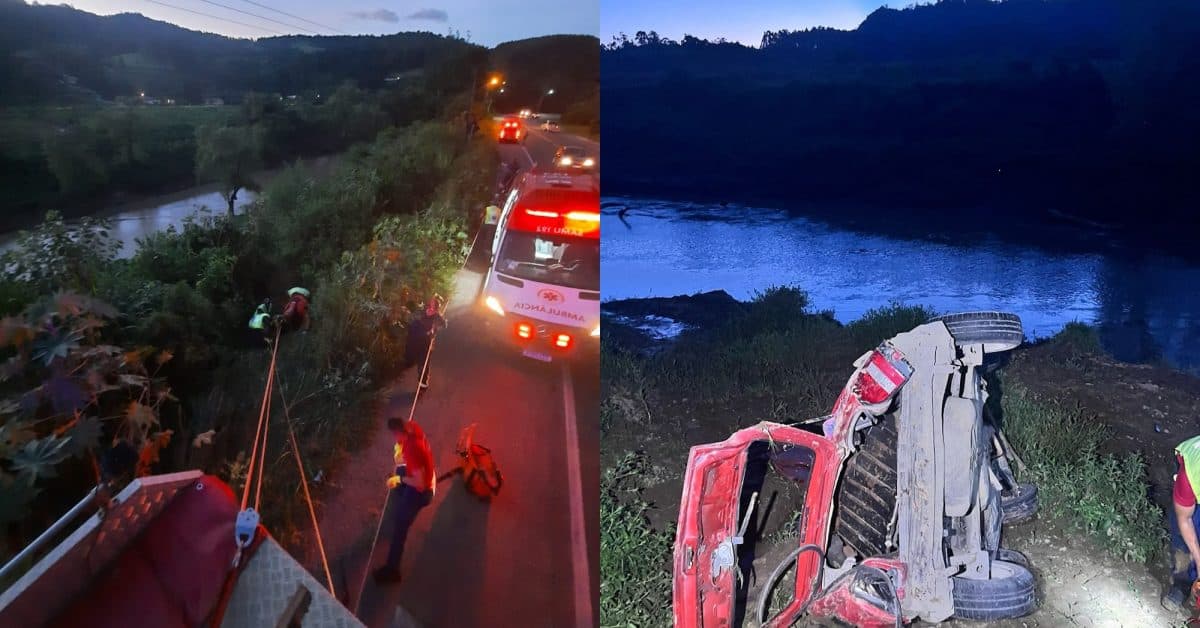Motorista é resgatado após capotamento e ficar preso sob veículo em ribanceira na SC-350