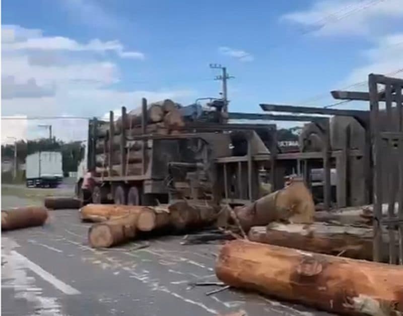 Caminhão bitruck tomba e espalha toras de madeira na BR-470