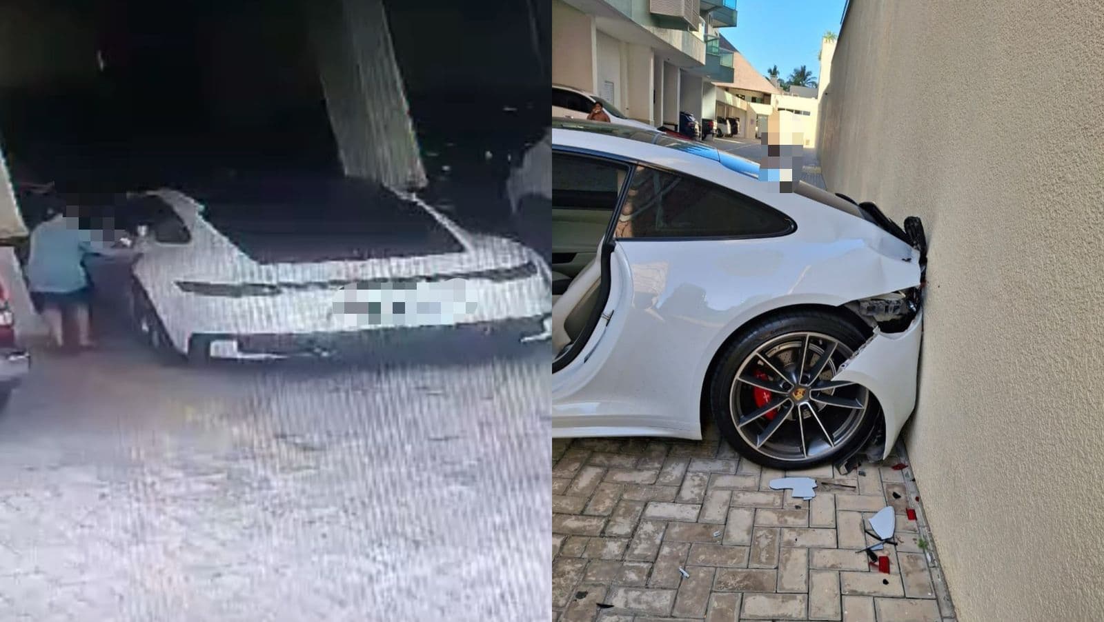 Menino “testa” Porsche de luxo, dá ré e bate em muro de condomínio em SC