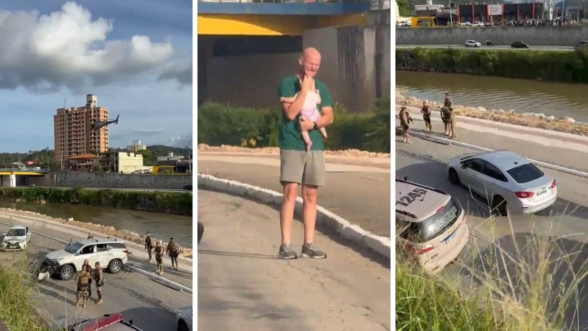 Pai entra em desespero e abraça filha de 6 meses após escapar de carro que caiu de viaduto