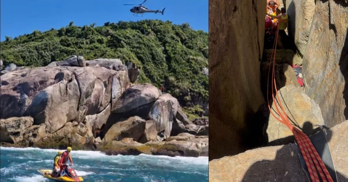 Homem cai em fenda de pedras e é resgatado com suspeita de traumatismo craniano em Bombinhas
