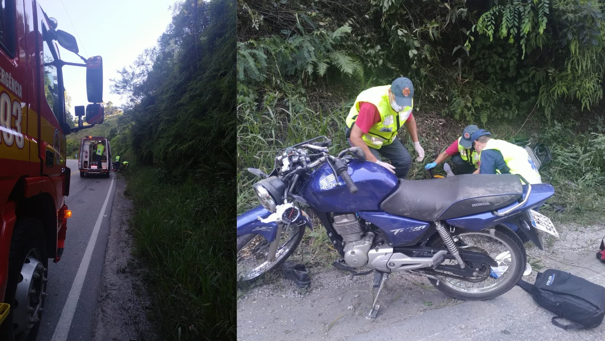 Motocicleta bate em barranco após sair da pista na SC-108 em Brusque; dois homens ficaram feridos