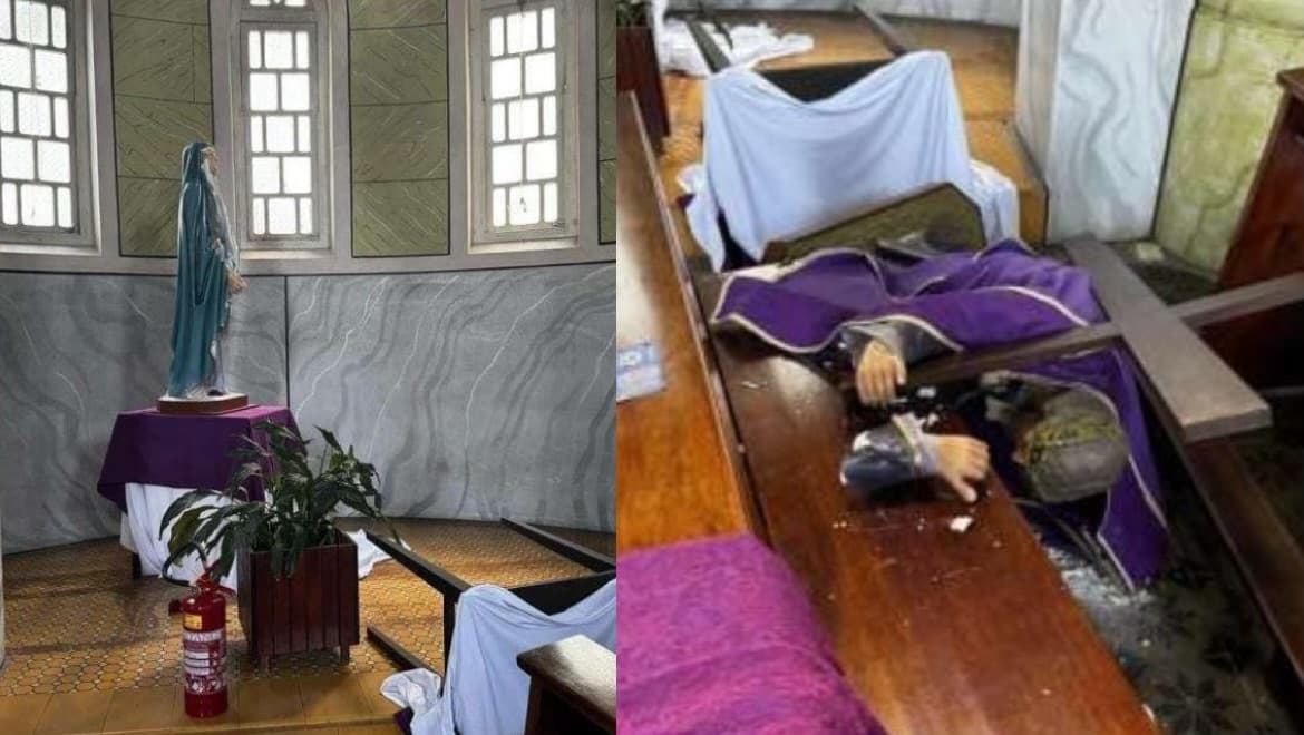 Seminu e fora de controle, homem invade igreja e destrói imagens centenárias