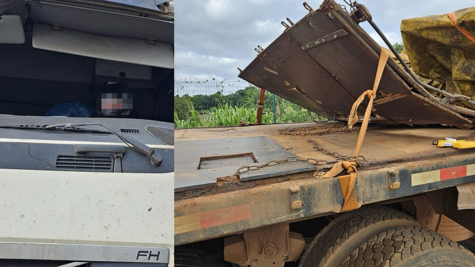 Motorista usa capacete para dirigir carreta sem para-brisa e com peças amarradas por cordas em SC