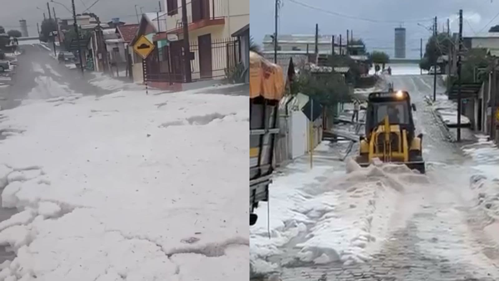 Granizo transforma ruas em “neve” no RS e trator precisa ser usado para abrir caminho