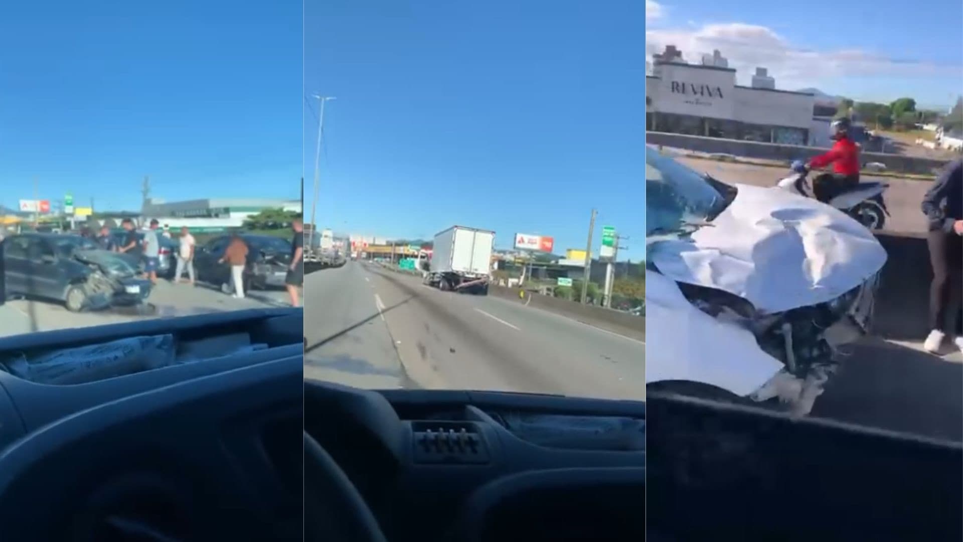 Grave colisão entre carros e caminhão trava trânsito na BR-101 em Palhoça