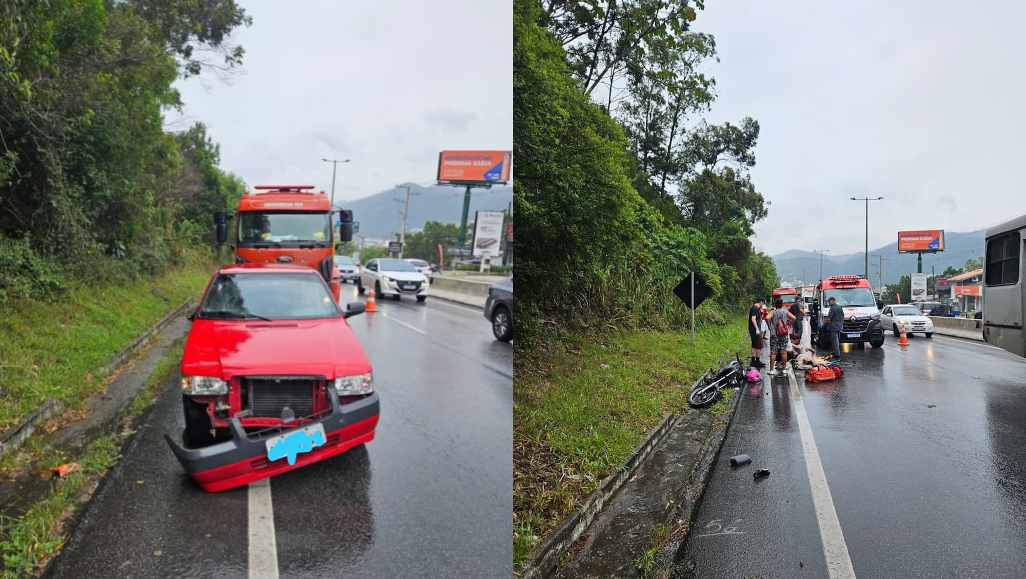 Homem tem perna dilacerada em acidente entre moto e carro na SC-401