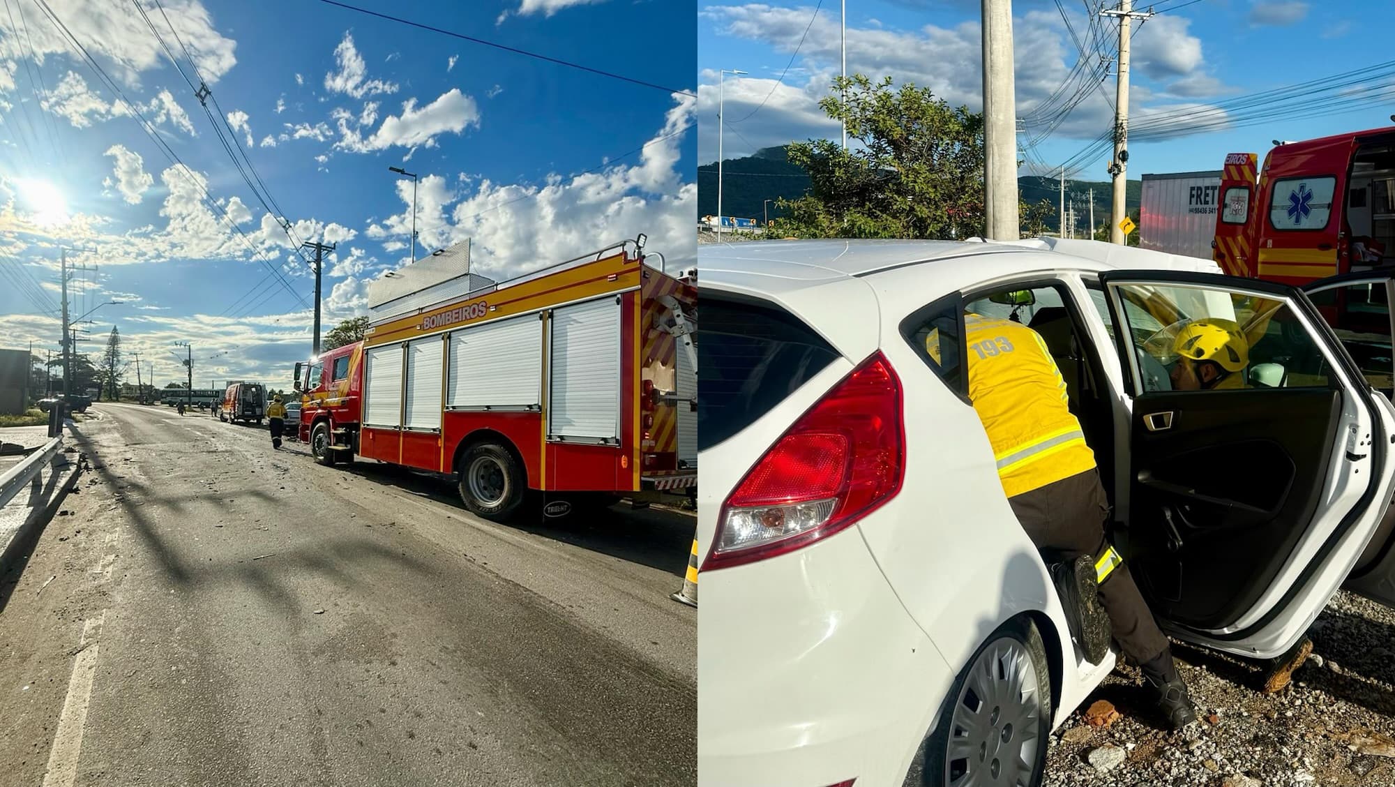 Batida de frente entre dois carros mobiliza socorristas em Palhoça