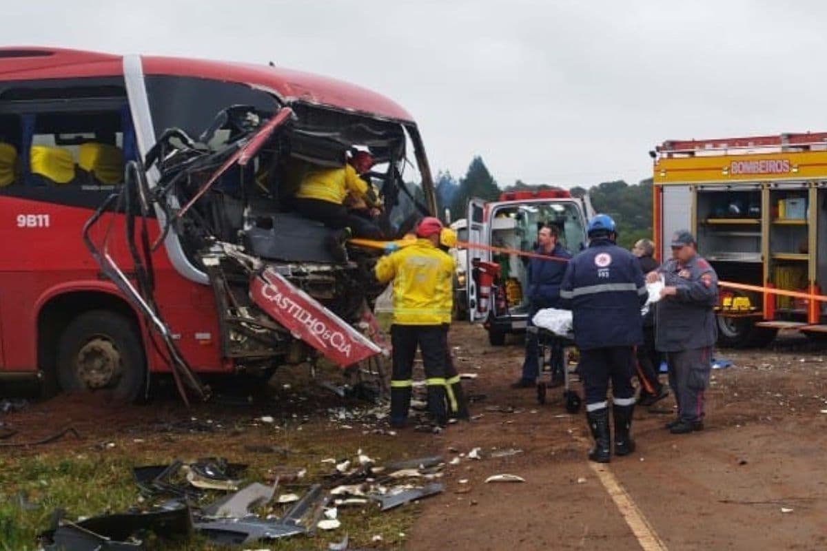 Acidente entre caminhão e ônibus com 13 pessoas mobiliza bombeiros na BR-282