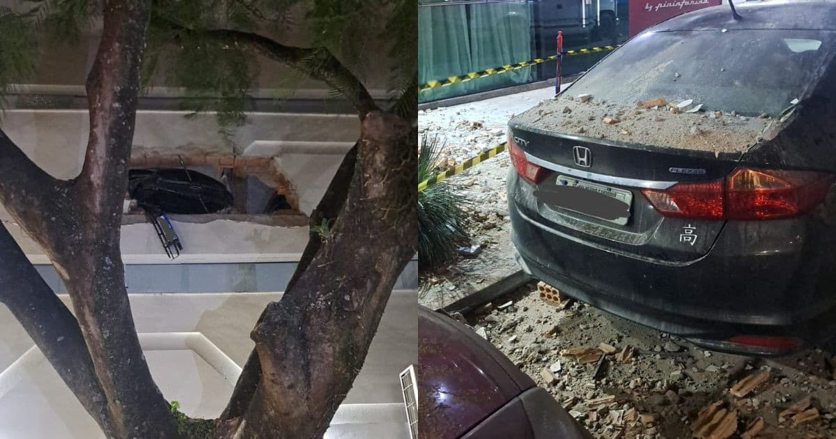 Parte da estrutura de prédio desaba sobre carros após colisão em Balneário Camboriú