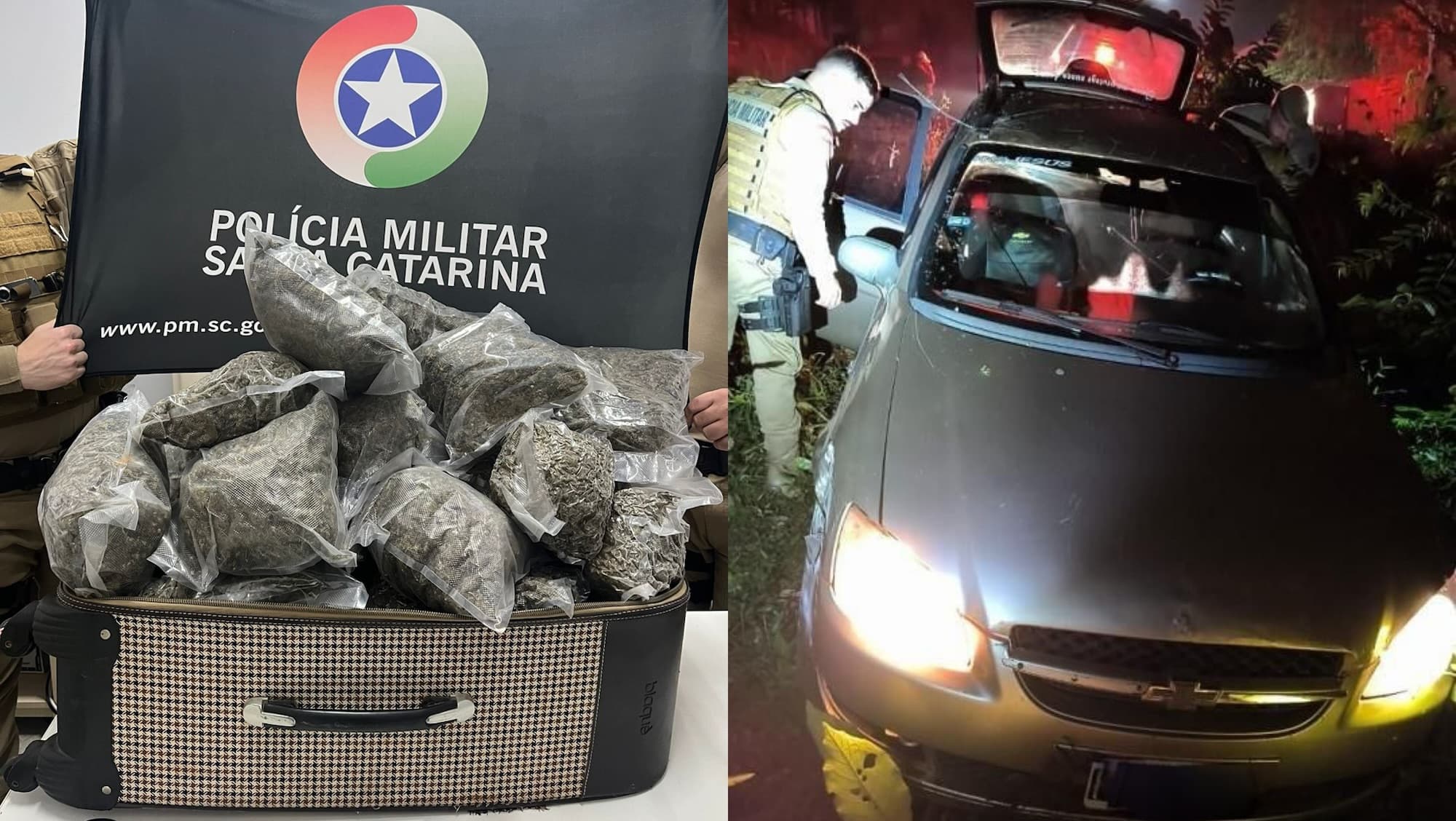 Dupla foge da PM com carro argentino e é pega com 20 kg de maconha um SC