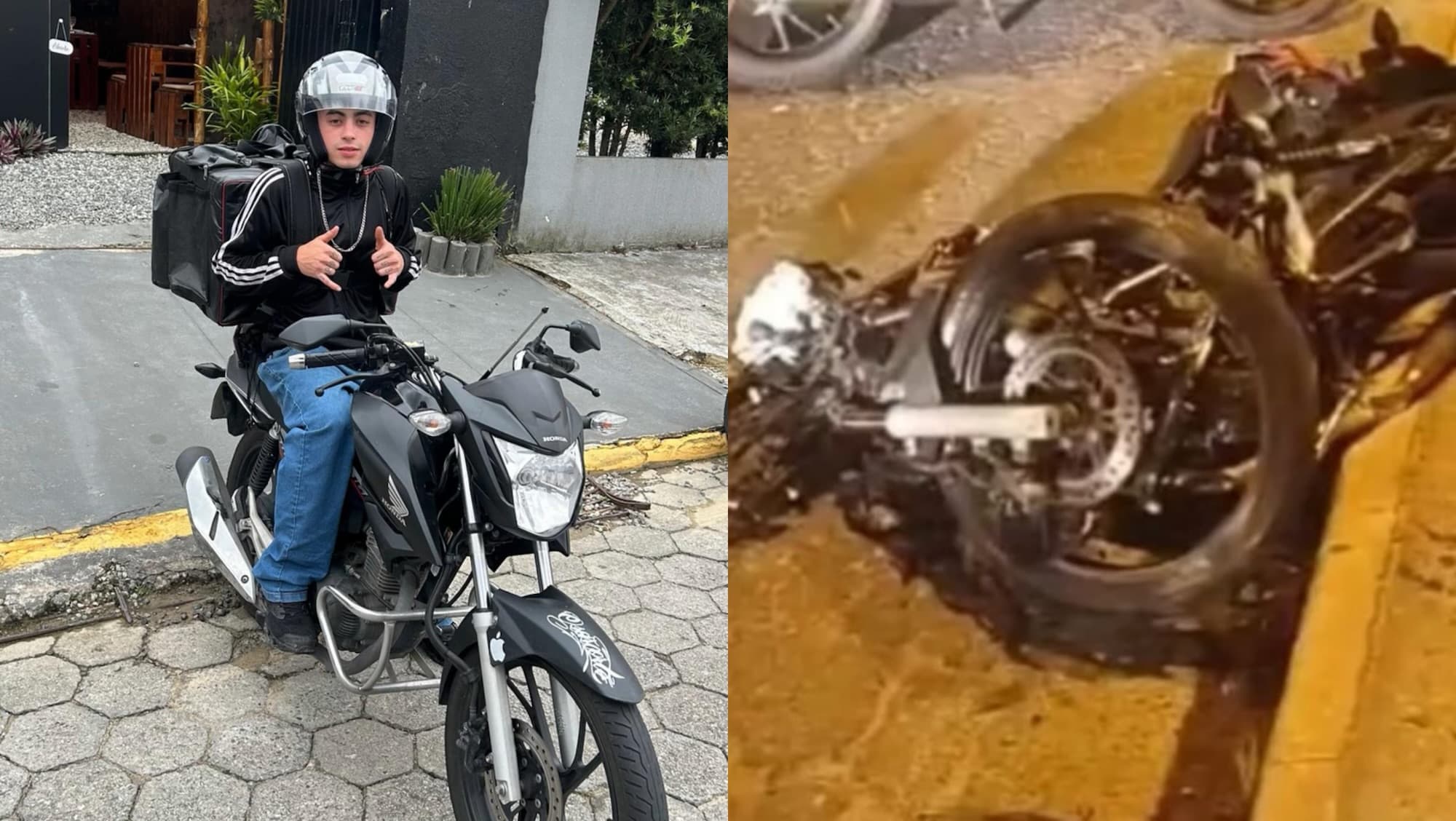 Cena chocante em Itapema: jovem bate moto em poste e corpo é arremessado dentro de loja