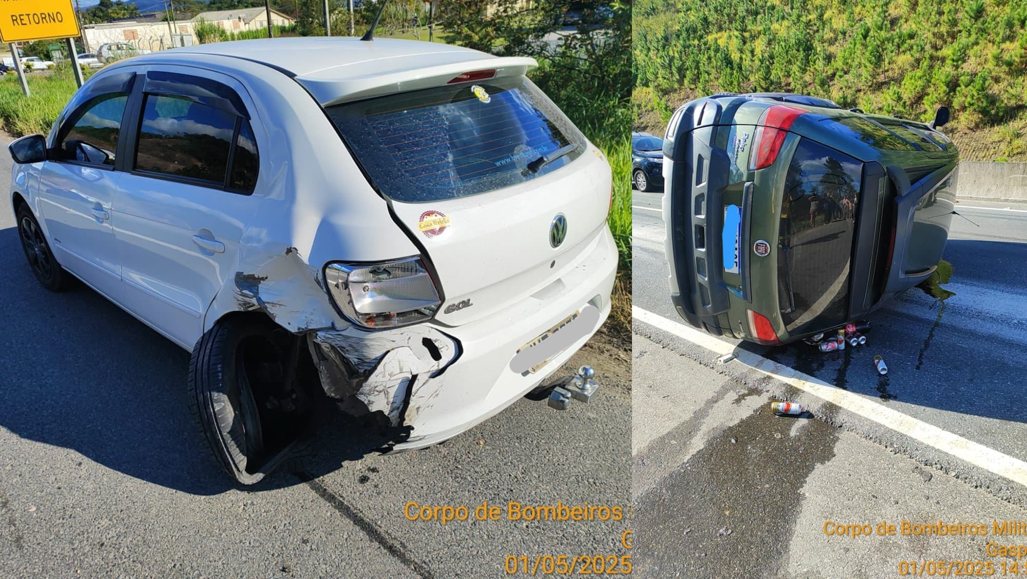 Carro com grávida e criança capota após batida na BR-470, em Gaspar