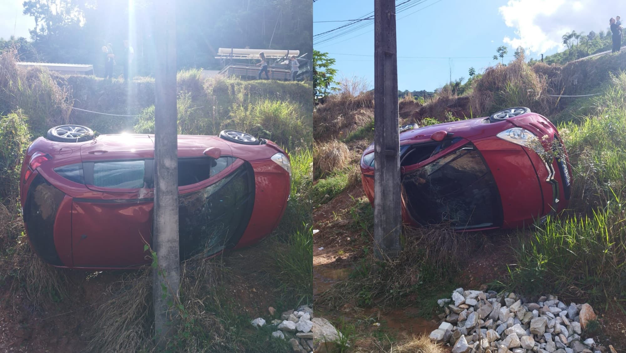 Carro capota em ribanceira na SC-486 e motorista é salva por funcionários de confecção
