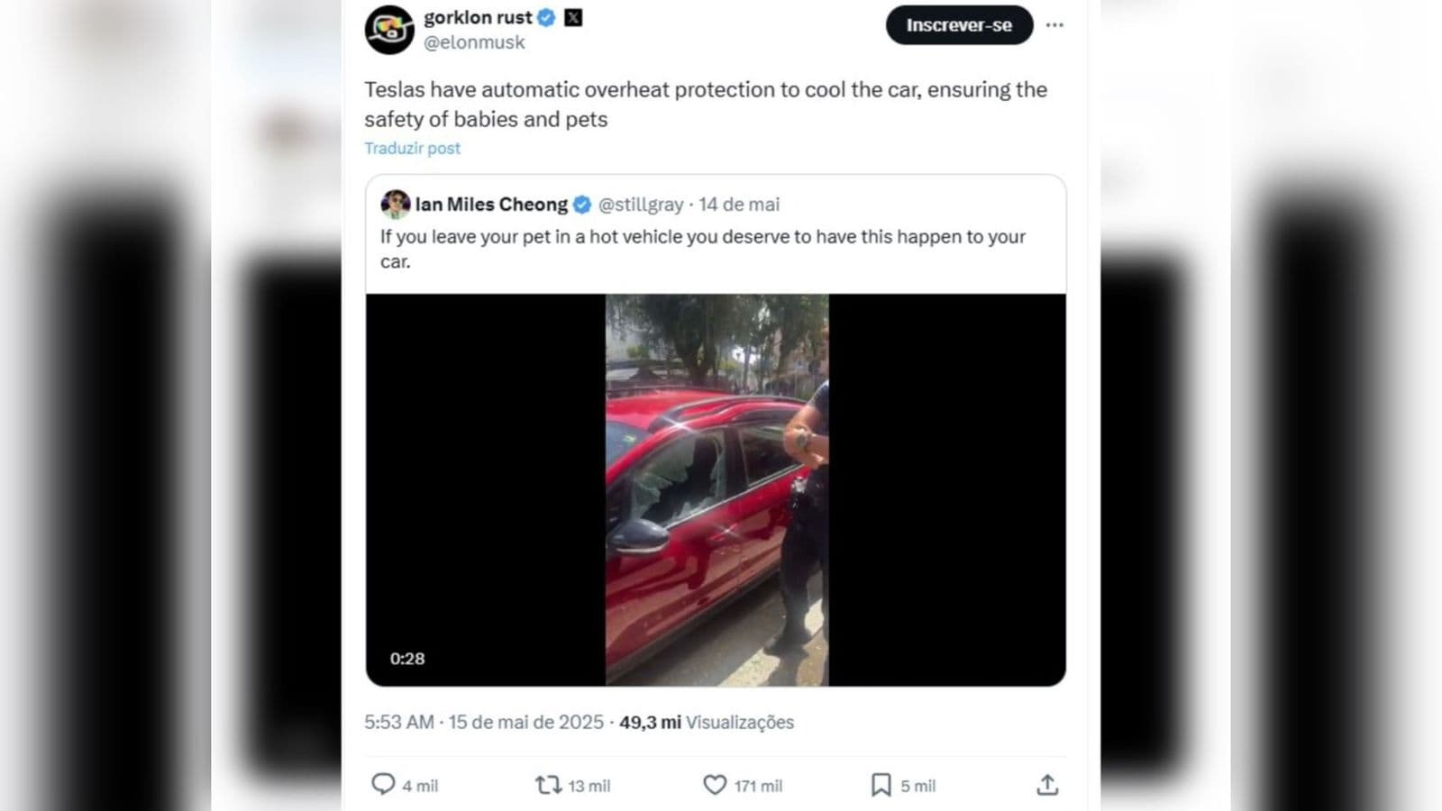 Elon Musk reage após cão ser deixado dentro de carro em SC: “Teslas protegem bebês e animais”