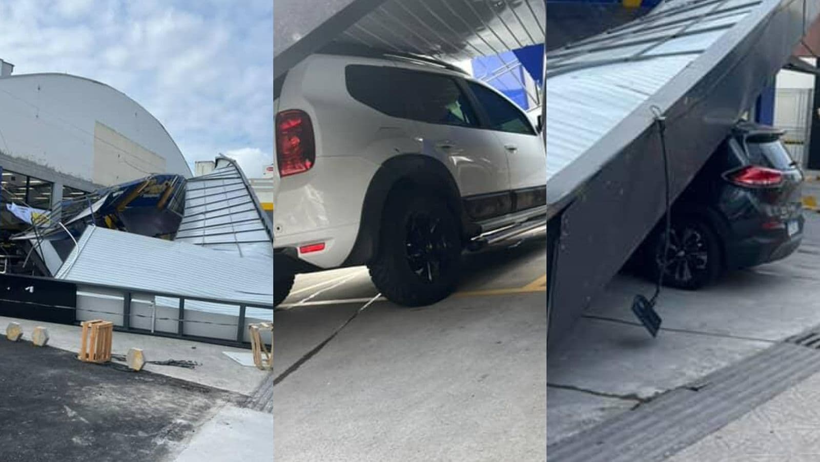 Vento forte derruba marquise sobre carros em frente a supermercado em Florianópolis