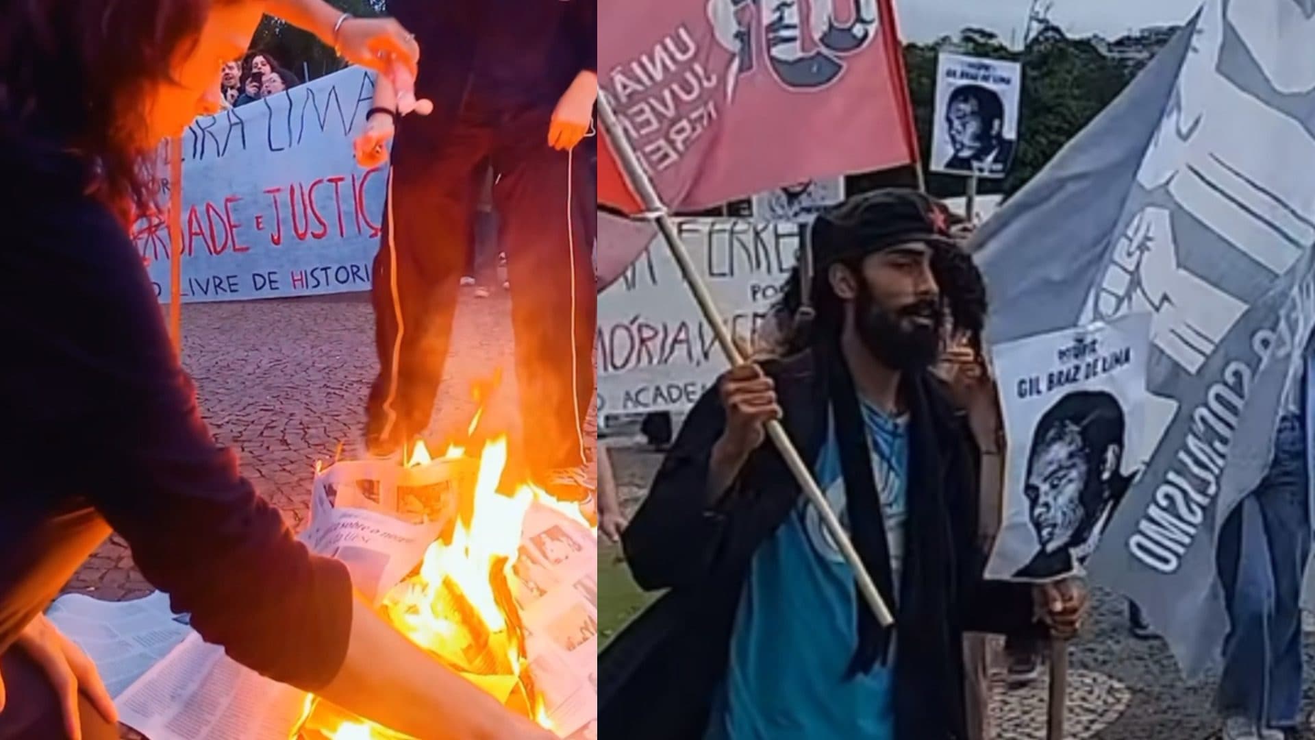 “Ditadura nunca mais”: com bandeiras da Palestina, alunos da UFSC ateiam fogo em jornais
