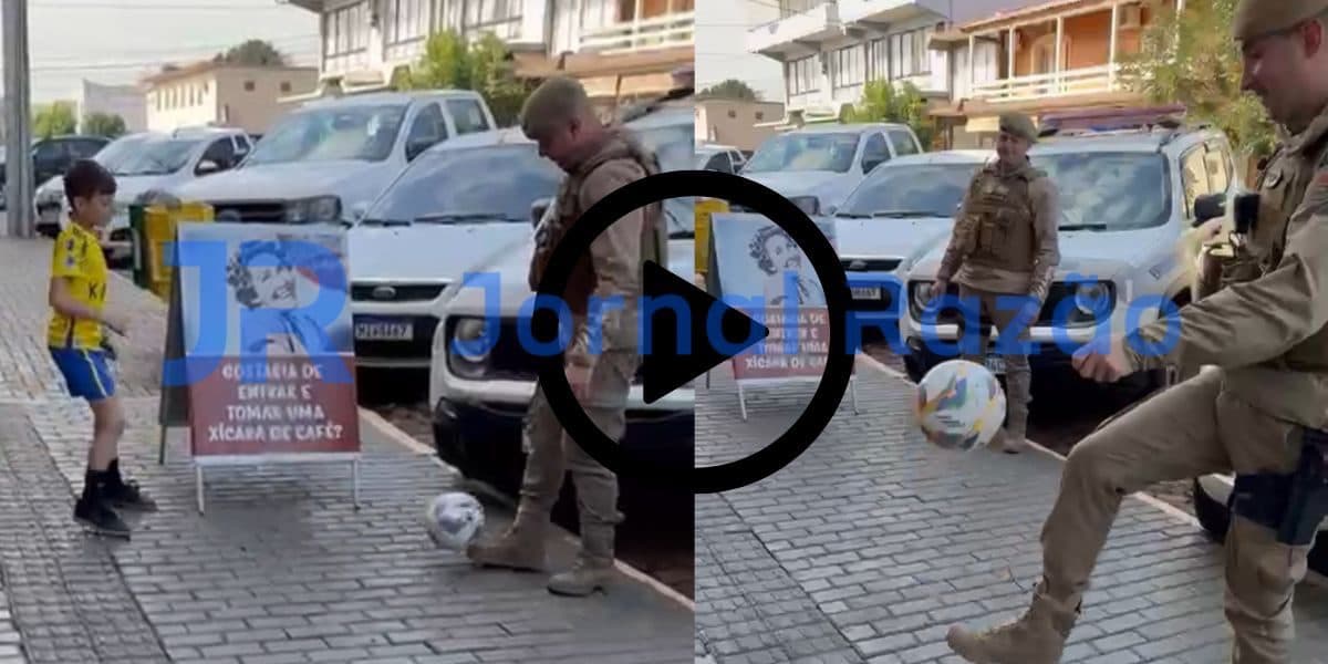 Surpresa na patrulha: PMs largam a ronda e fazem a alegria de menino com bola na calçada