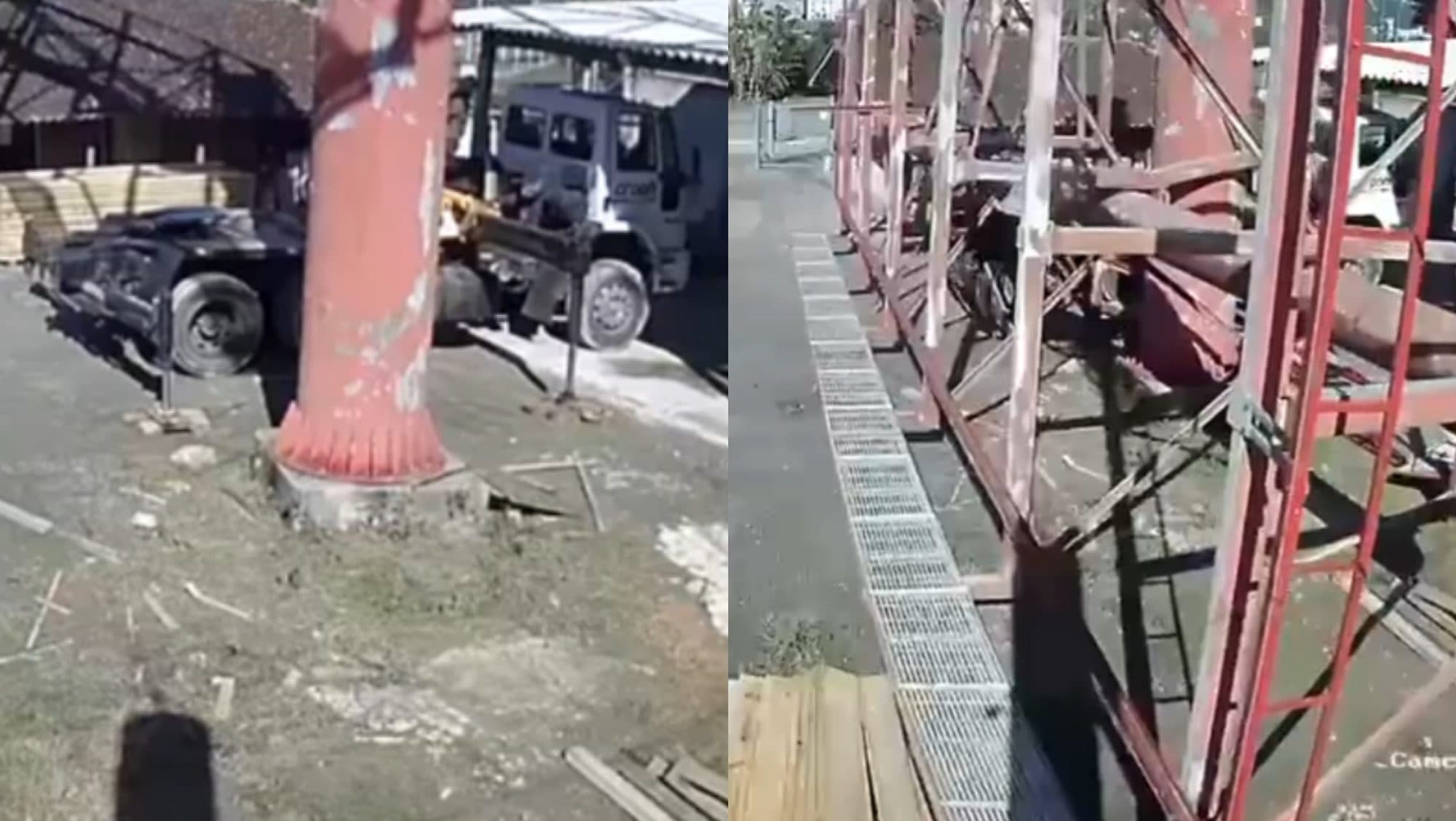 Vídeo mostra momento em que placa metálica esmaga caminhão em Itapema