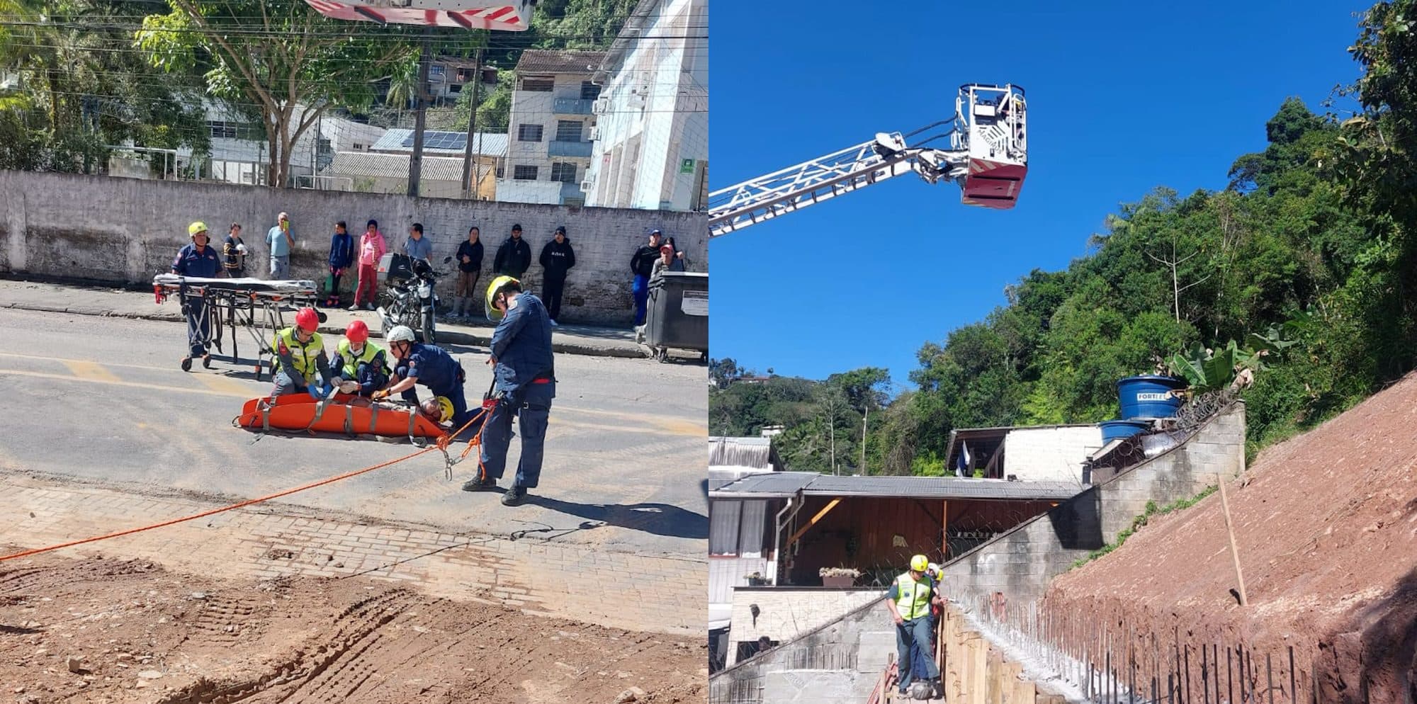 Trabalhador cai em vala e é resgatado com uso de auto-escada em Blumenau