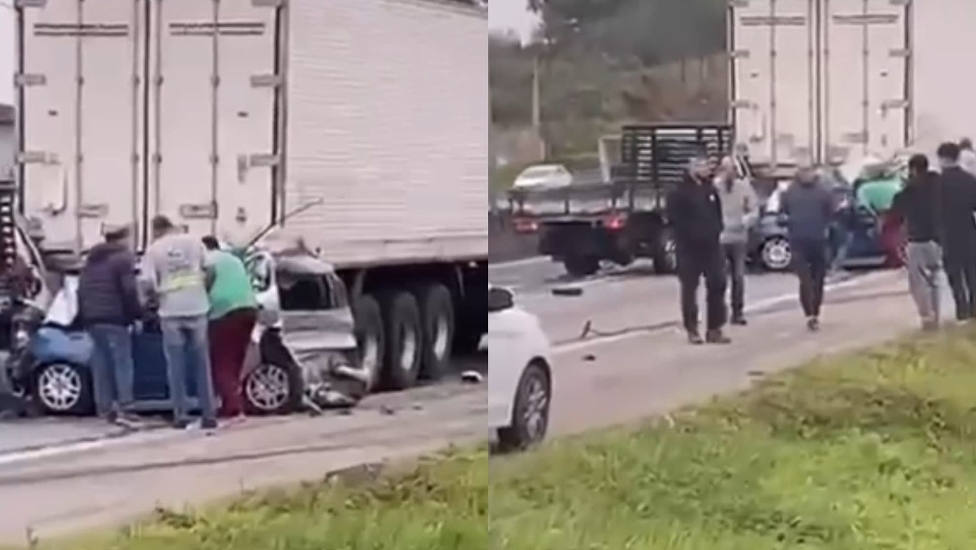 Caminhão prensa carro em grave acidente entre veículos na BR-101