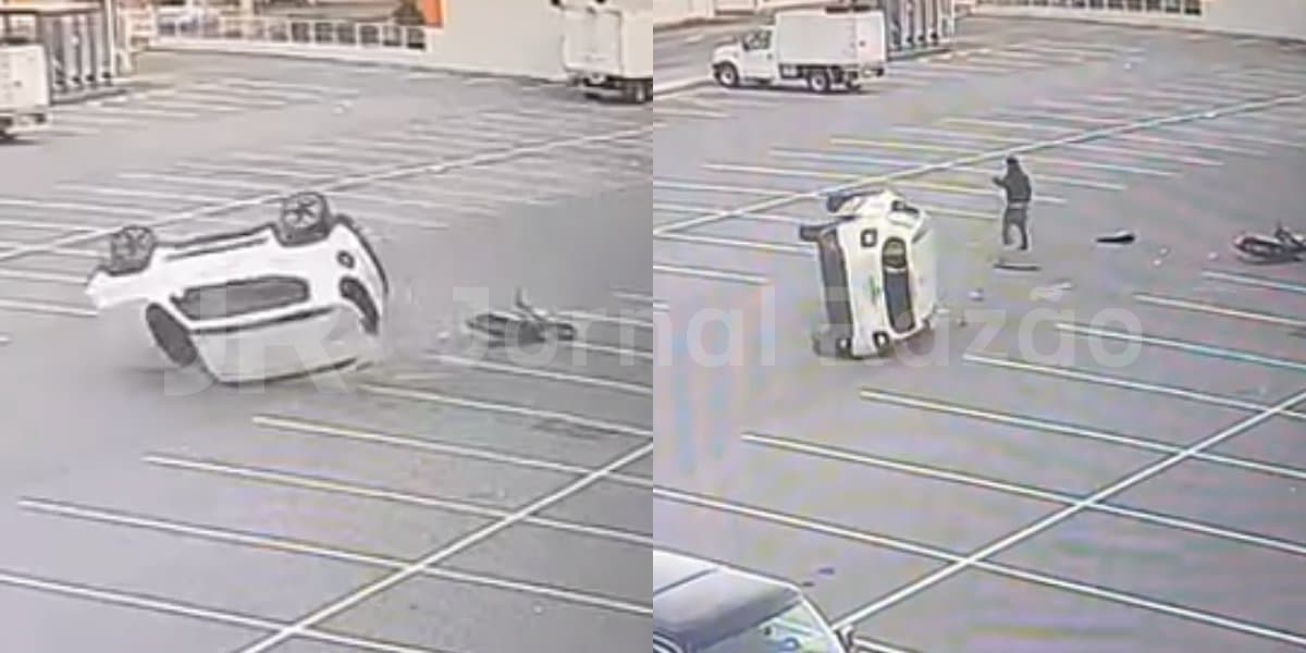 Vídeo: carro atinge moto e capota no estacionamento do Komprão
