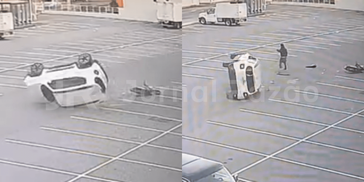 Vídeo: carro atinge moto e capota no estacionamento do Komprão