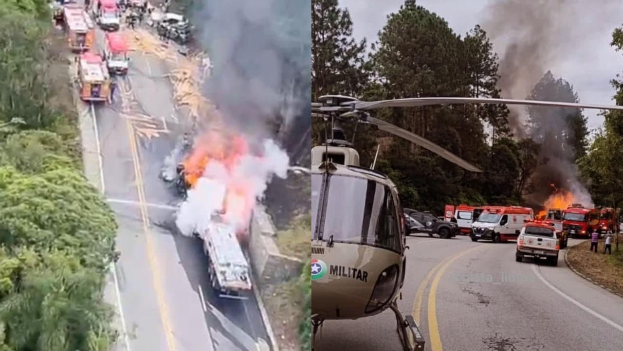URGENTE: Acidente com duas carretas e quatro carros termina em morte na Grande Florianópolis