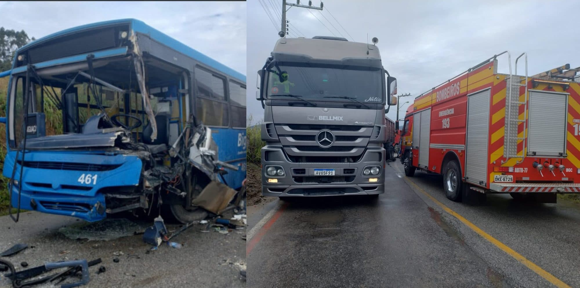 Colisão entre ônibus e caminhão quase termina em tragédia em Biguaçu