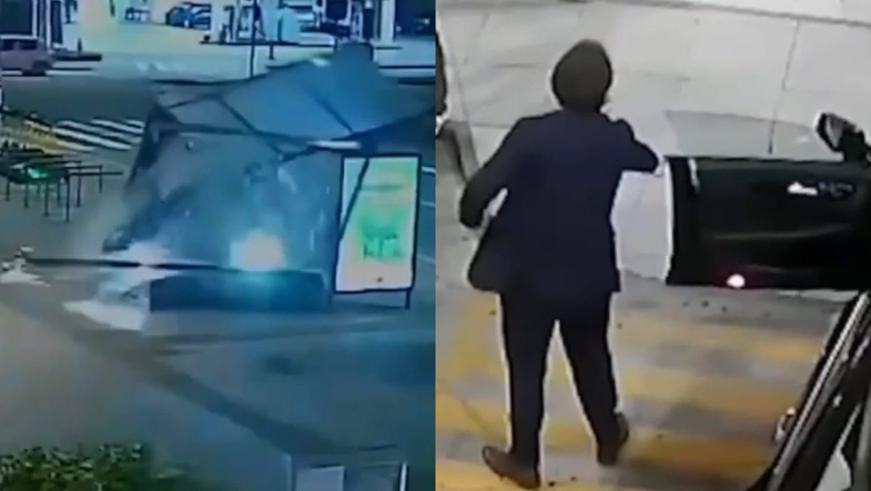Motorista abandona Mercedes após furar sinal e destruir ponto de ônibus em Florianópolis