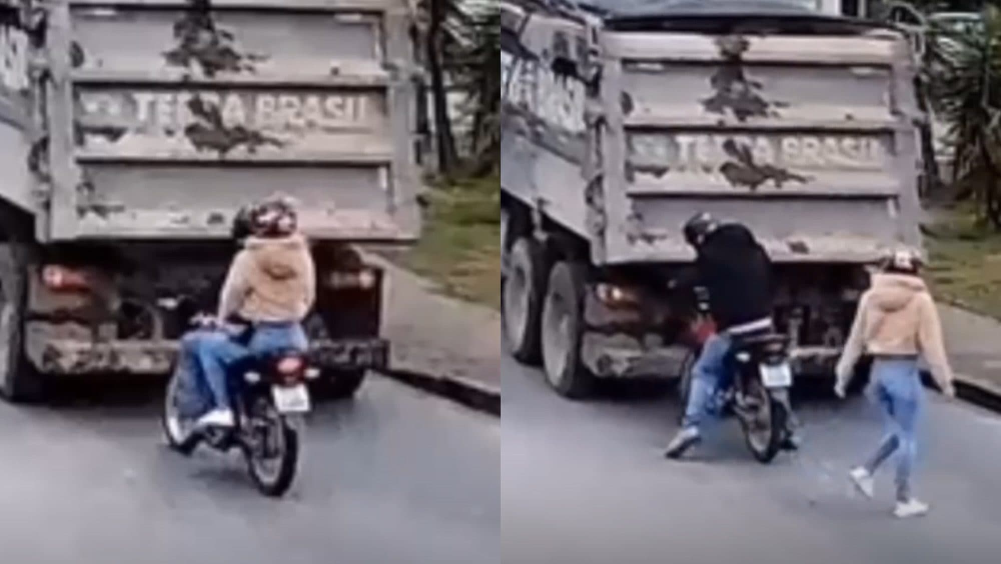 Motociclista para colado atrás de caminhão e o inesperado acontece; VEJA VÍDEO