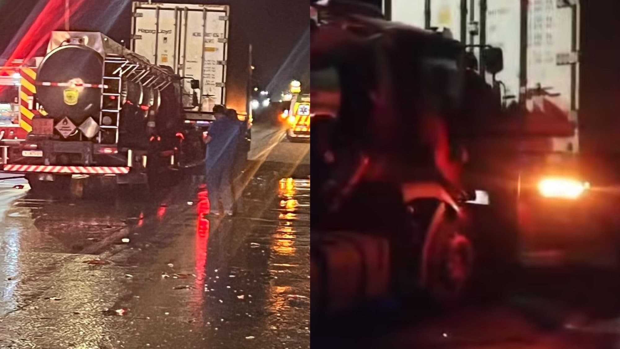 Caminhão-tanque bate em traseira de caminhão na BR-101 e mobiliza bombeiros