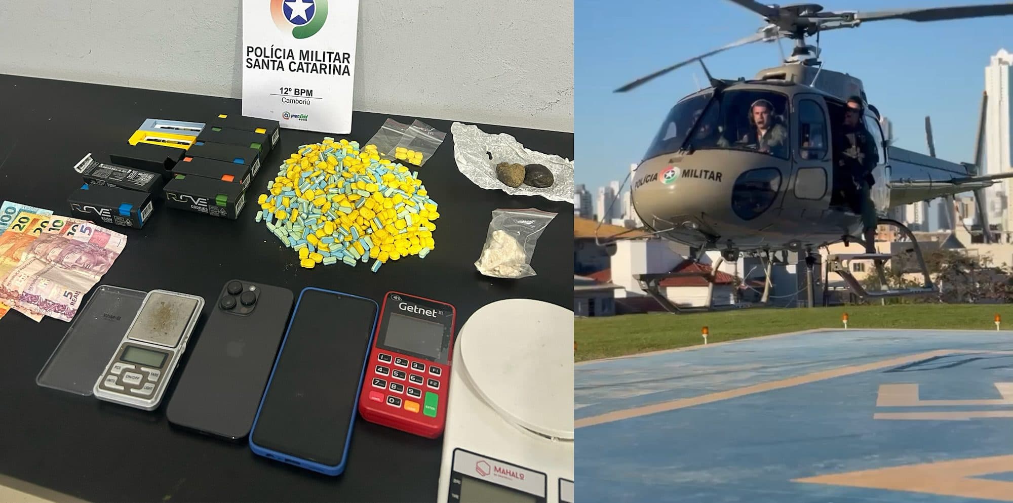 Helicóptero da PM auxilia em prisão de mulher com grande quantidade de drogas em Camboriú