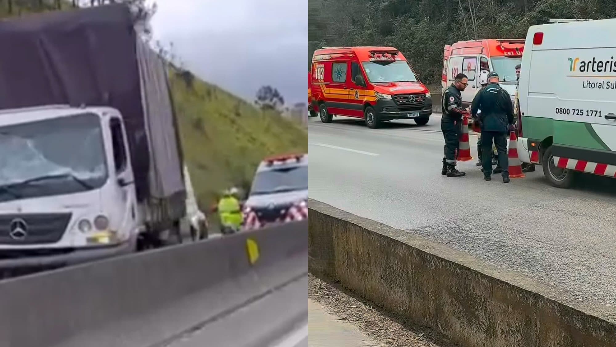 Acidente entre caminhões deixa motorista ferido e causa lentidão na BR-101 em Itapema