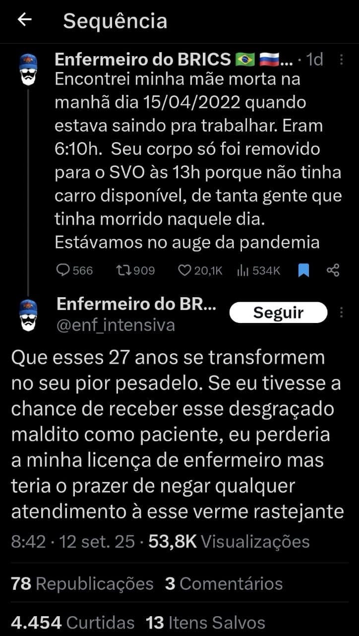 Enfermeiro de SC comemora morte de Charlie Kirk e diz que deixaria Bolsonaro morrer sem atendimento