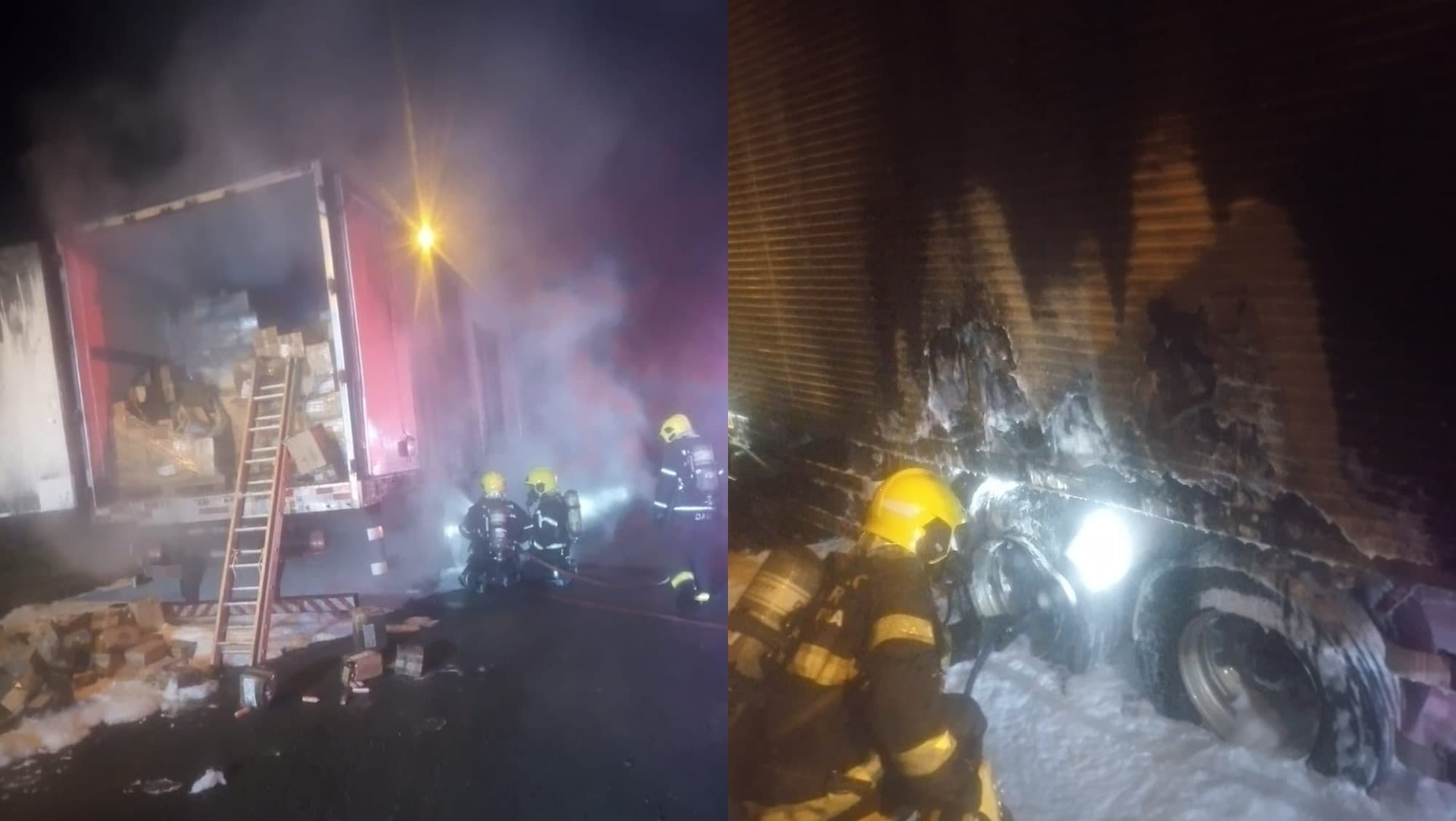 Caminhão carregado de frios pega fogo na BR-101 em Balneário Camboriú