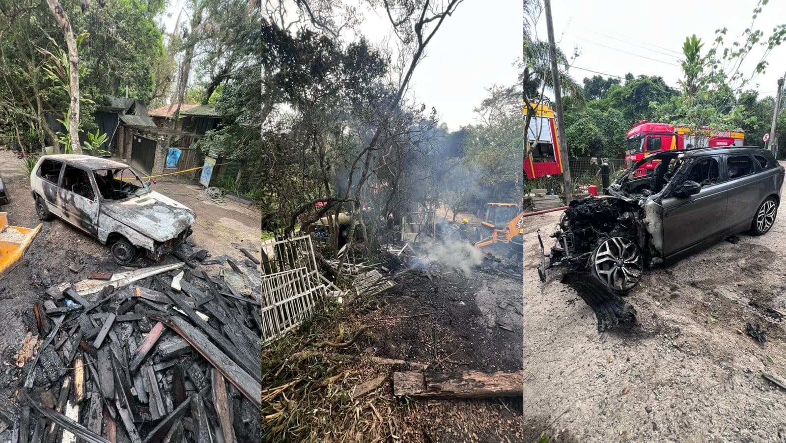 Rancho é destruído e dois carros queimam em incêndio durante a madrugada em Bombinhas