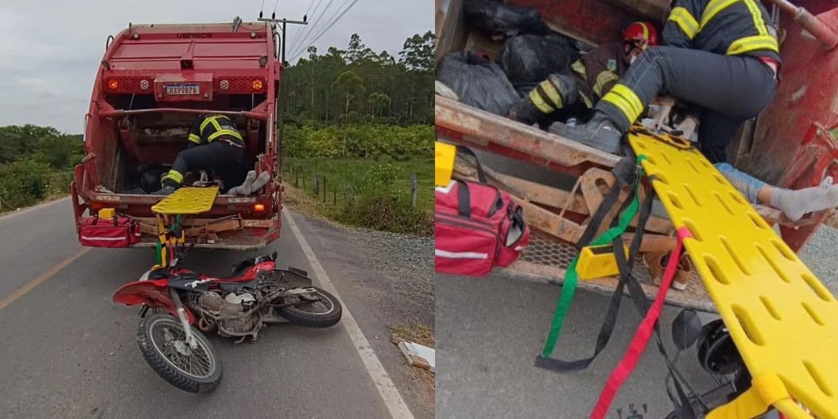 Motociclista para dentro da concha de caminhão de lixo durante acidente em SC