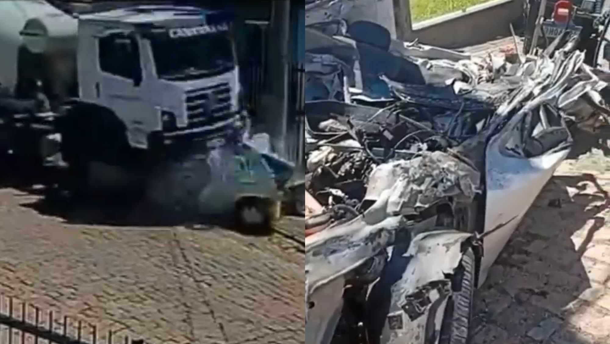 “Virou pastel”: caminhão betoneira esmaga carro e atinge casa no Vale do Itajaí