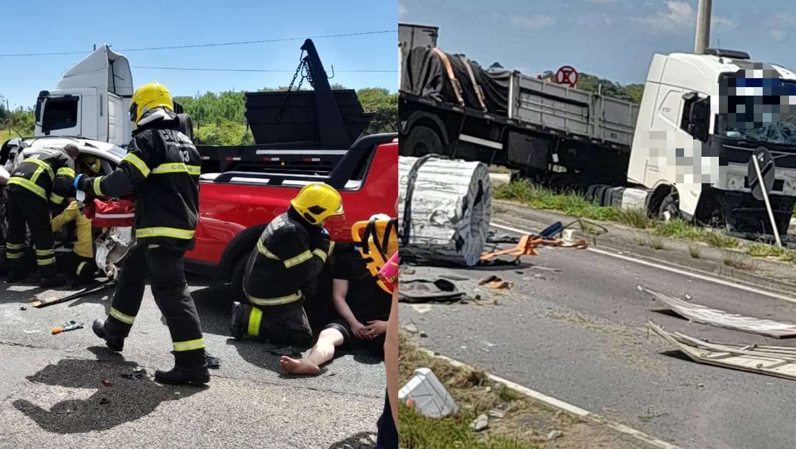 Caminhão carregado com bobinas de aço arrasta veículos de turistas na BR-101