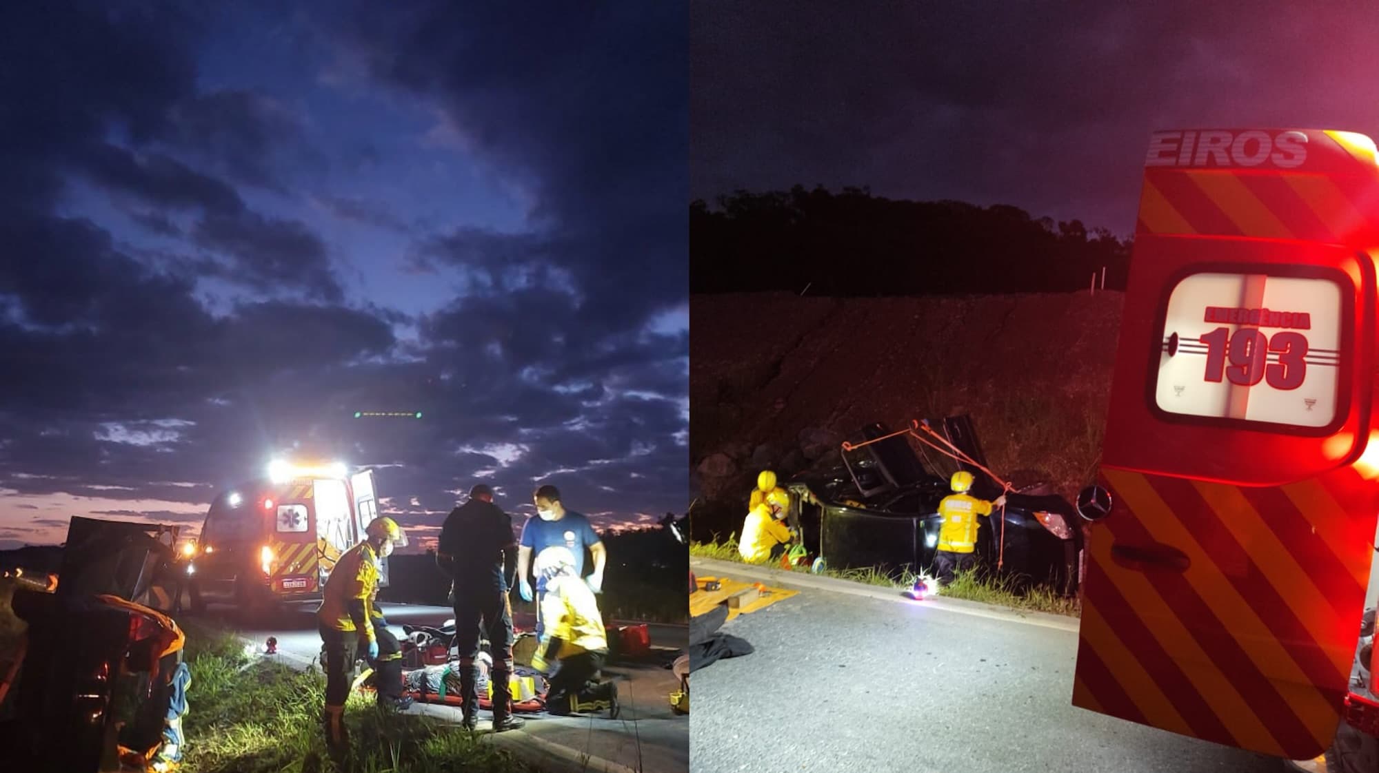 Carro sai da pista, fica lateralizado e mobiliza resgate na BR-470 em Gaspar